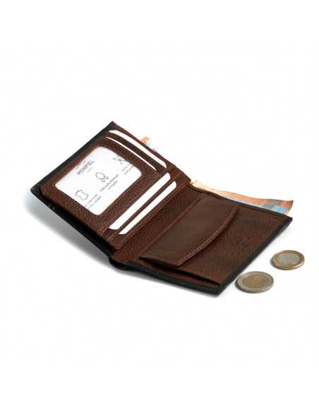Portafoglio in pelle nera con portamonete interno, aperto, con slot per carte e portamonete visibili all’interno, su s - MONPIEL
