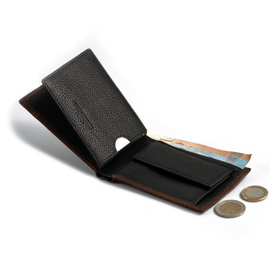 Petit portefeuille américain en cuir marron avec porte-monnaie, vue de face sur fond blanc - MONPIEL 2