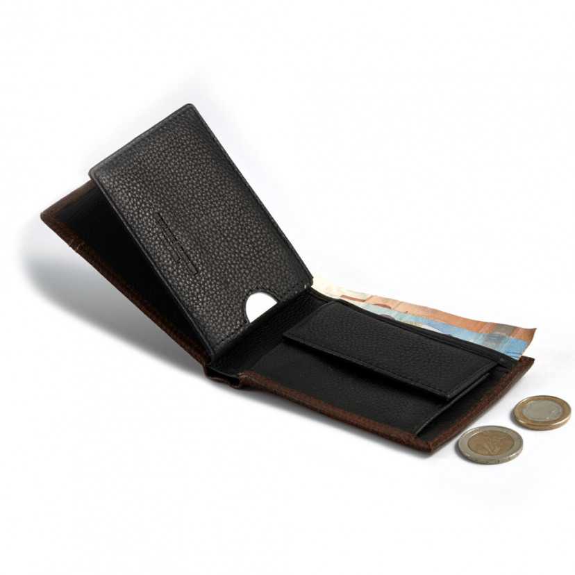 Small leather wallet with coin purse in brown, open with black interior and coin detail on a white background - MONPIEL