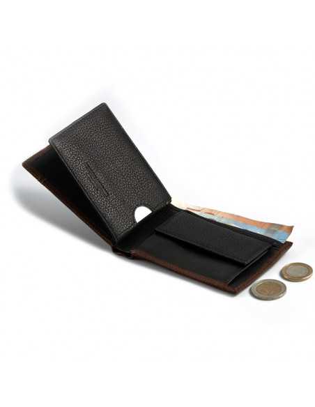Small leather wallet with coin purse in brown, open with black interior and coin detail on a white background - MONPIEL