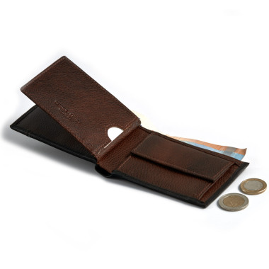 Petit portefeuille américain en cuir noir avec porte-monnaie, vue de face sur fond blanc - MONPIEL 2