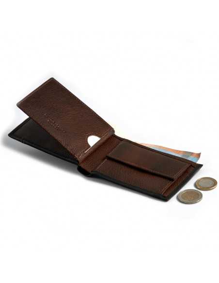 Petit portefeuille américain en cuir noir avec porte-monnaie, ouvert, avec intérieur marron et pièces visibles, sur fo - MONPIEL