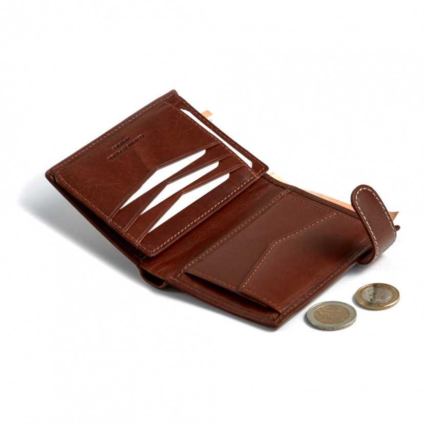 Leather clasp wallet with coin purse inside in tan, open with coin detail on a white background - MONPIEL