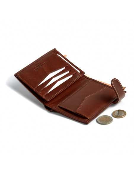 Tan leather wallet with clasp and internal coin pocket, open, showing coins, on white background - MONPIEL