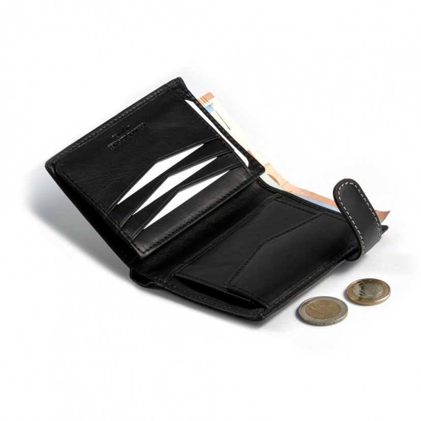Leather clasp wallet with coin purse inside in black, open with coin detail on a white background - MONPIEL