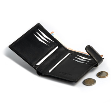 Portefeuille en cuir noir avec fermoir et porte-monnaie arrière, vue de face sur fond blanc - MONPIEL 2