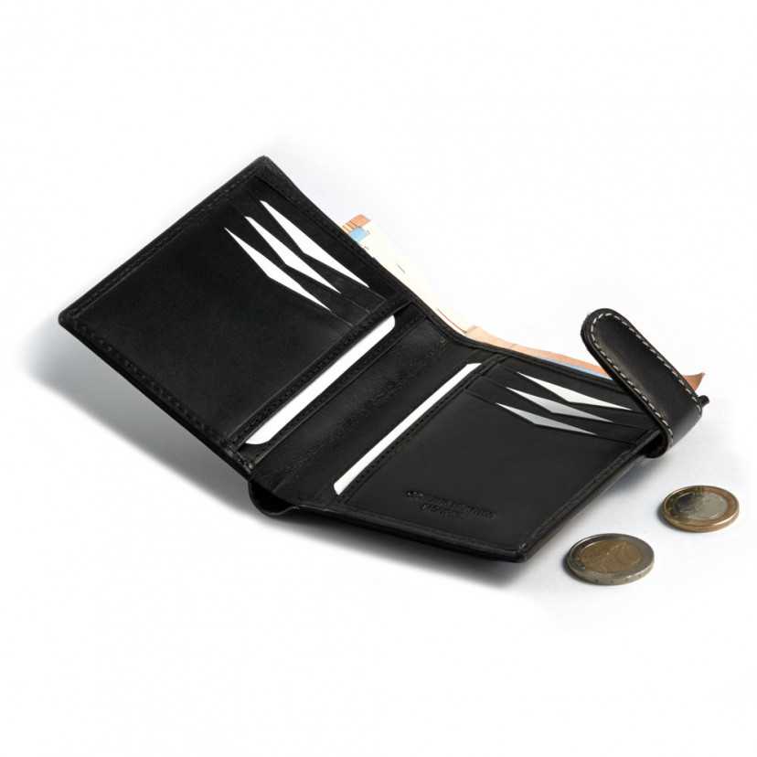 Leather clasp wallet with coin purse at the back in black, open with coin detail on a white background - MONPIEL