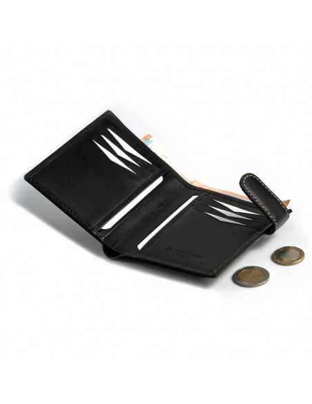 Leather clasp wallet with coin purse at the back in black, open with coin detail on a white background - MONPIEL