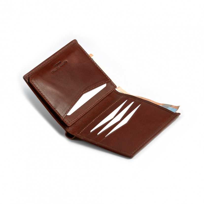 Simple wallet with central logo in tan, open with card slot details - MONPIEL