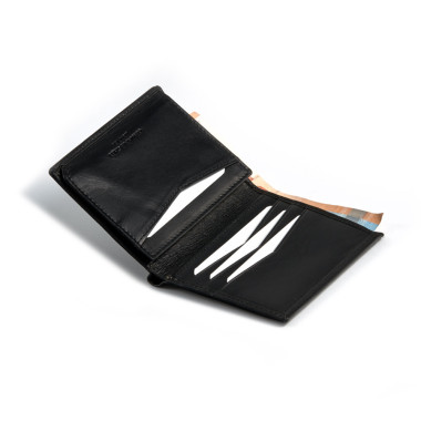 Billetero simple con el logo central en color cuero, vista frontal sobre fondo blanco - MONPIEL 2