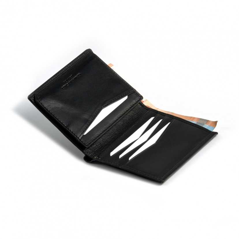 Simple wallet with central logo in black, open with card slot details on a white background - MONPIEL