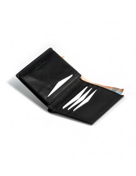 Simple wallet with central logo in black, open with card slot details on a white background - MONPIEL