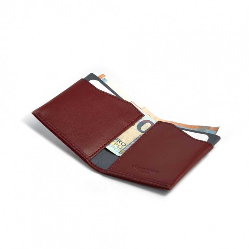 Burgundy leather pocket wallet, open with interior detail on a white background - MONPIEL