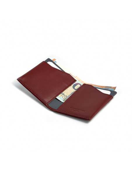 Burgundy leather pocket wallet, open with interior detail on a white background - MONPIEL Burgundy leather pocket wallet, open with interior detail on a white background - MONPIEL