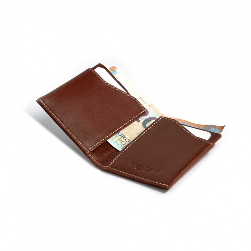 Tan leather pocket wallet, open with interior detail on a white background - MONPIEL