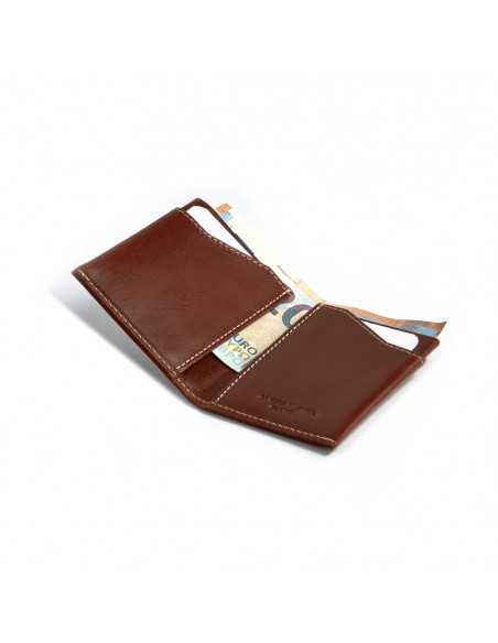 Tan leather pocket wallet, open, showing interior details, on white background - MONPIEL Tan leather pocket wallet, open, showing interior details, on white background - MONPIEL