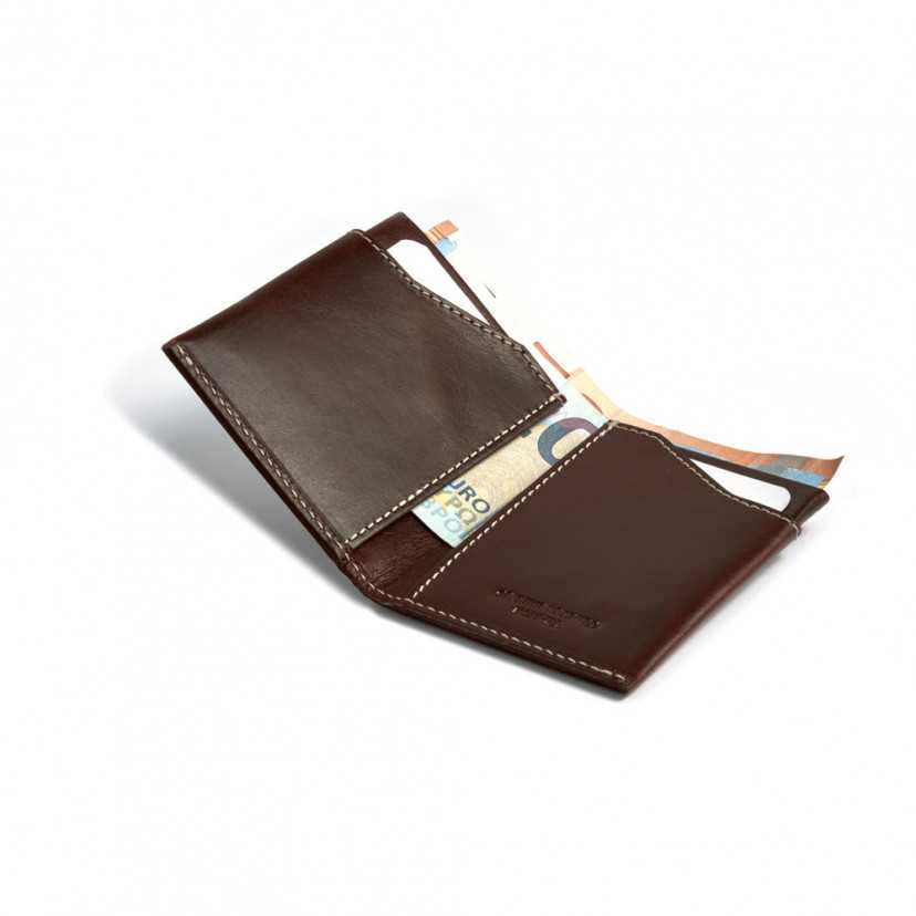 Brown leather pocket wallet, open with interior detail on a white background - MONPIEL