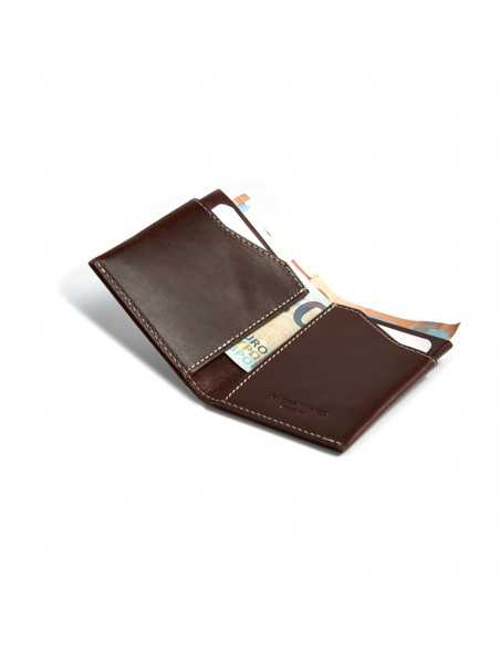 Brown leather pocket wallet, open with interior detail on a white background - MONPIEL Brown leather pocket wallet, open with interior detail on a white background - MONPIEL