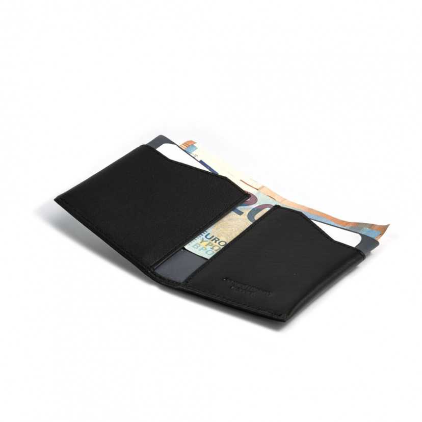 Black leather pocket wallet, open with interior detail on a white background - MONPIEL
