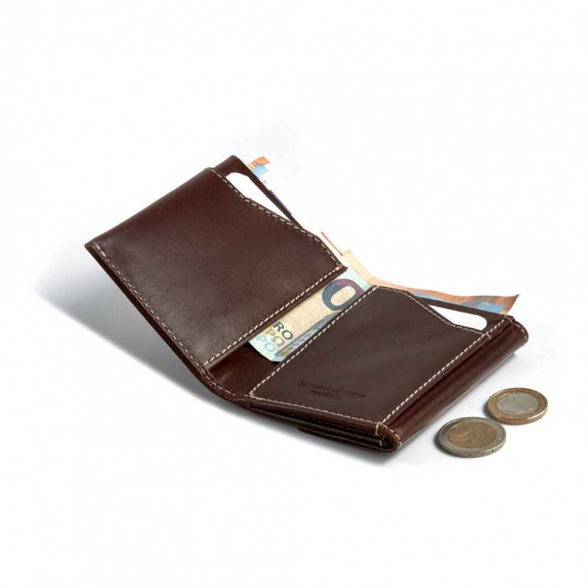 Brown leather pocket wallet with coin purse, open with coin detail on a white background - MONPIEL