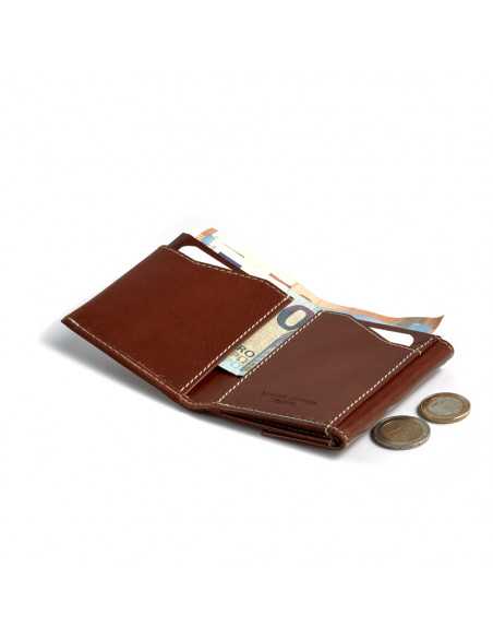 Tan leather pocket wallet with coin purse, open with coin detail on a white background - MONPIEL