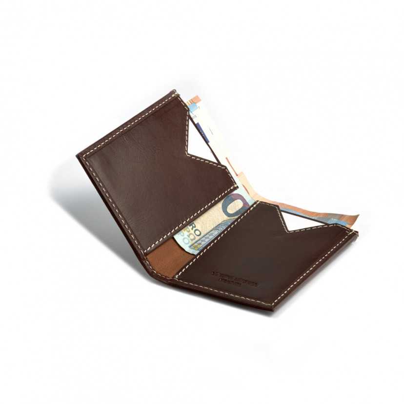 Small brown leather men's wallet, open with card slots and bill section on a white background - MONPIEL