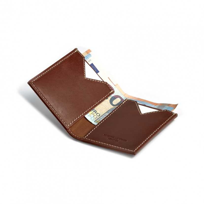 Small Havana leather men's wallet, open with card slots and bill section on a white background - MONPIEL
