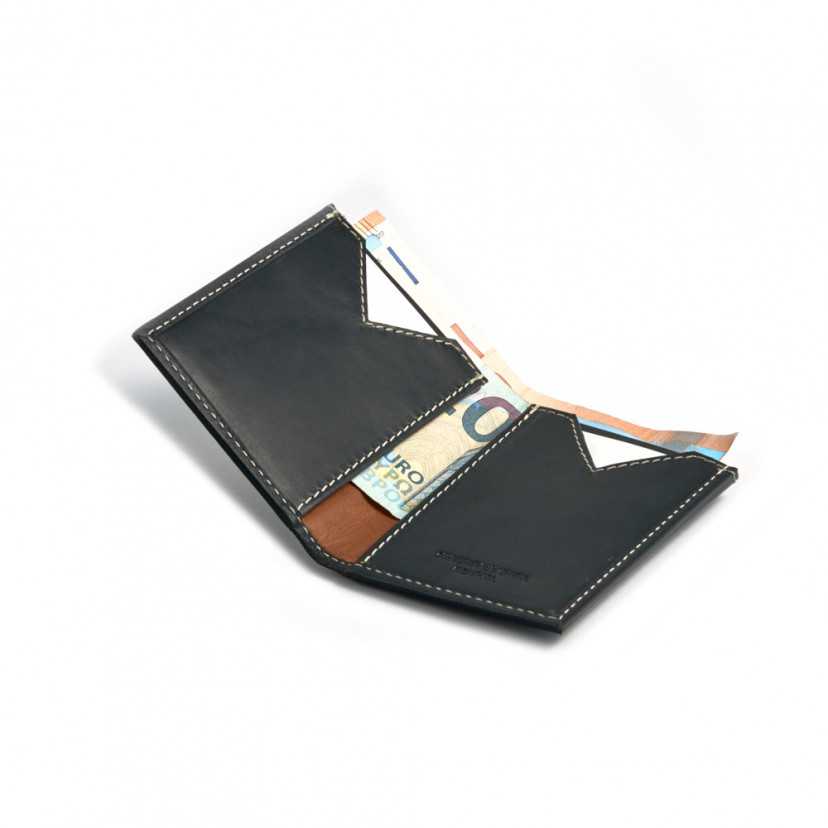 Small blue leather men's wallet, open with card slots and bill section on a white background - MONPIEL
