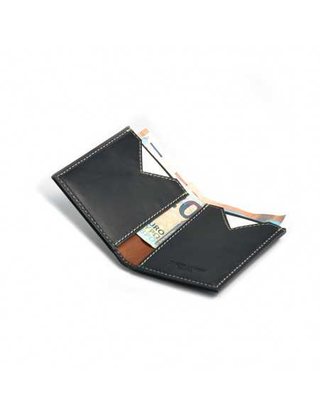 Petit portefeuille en cuir bleu pour homme, ouvert, avec fentes pour cartes et billets, sur fond blanc - MONPIEL