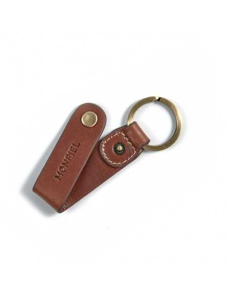 Havana leather keychain, open, showing button detail and interior stitching, on white background - MONPIEL