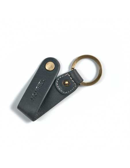 Blue leather keychain, open, showing button detail and interior stitching, on white background - MONPIEL