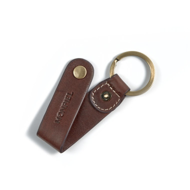 Brown unisex leather keychain, open with stitching detail and slightly tilted on a white background - MONPIEL 2