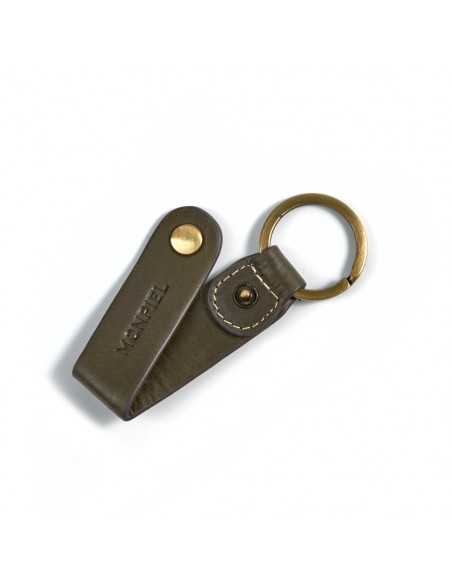 Green unisex leather keychain, open with stitching detail and slightly tilted on a white background - MONPIEL