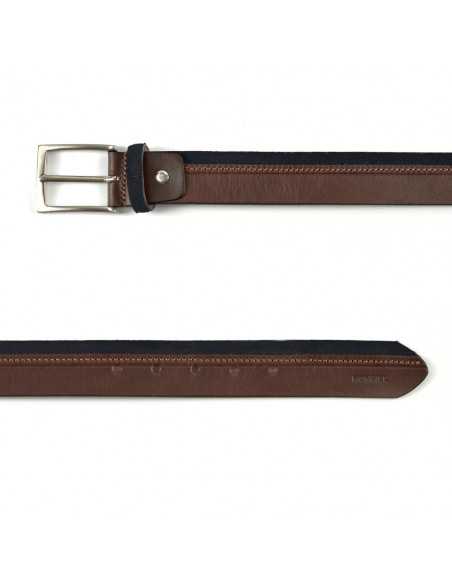 Vaquetilla and suede leather belt in navy blue, front view, on white background - MONPIEL