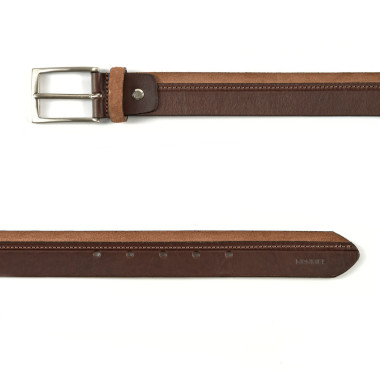 Vaquetilla and suede leather belt in navy blue, front view, on white background - MONPIEL 2