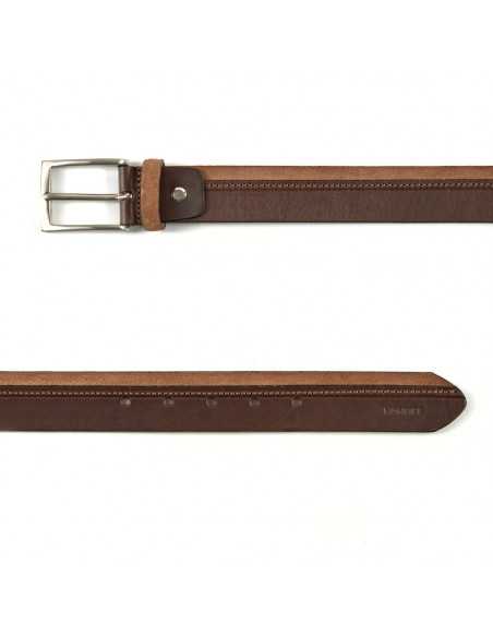 Vaquetilla and suede leather belt in Havana brown, front view, on white background - MONPIEL