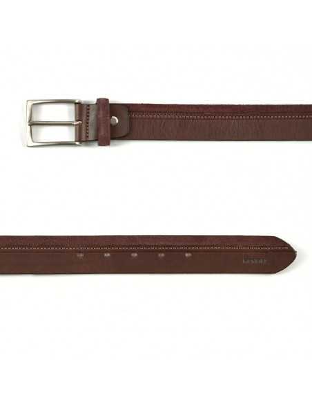Ceinture en cuir vaquetilla et daim couleur bordeaux, vue de face, sur fond blanc - MONPIEL