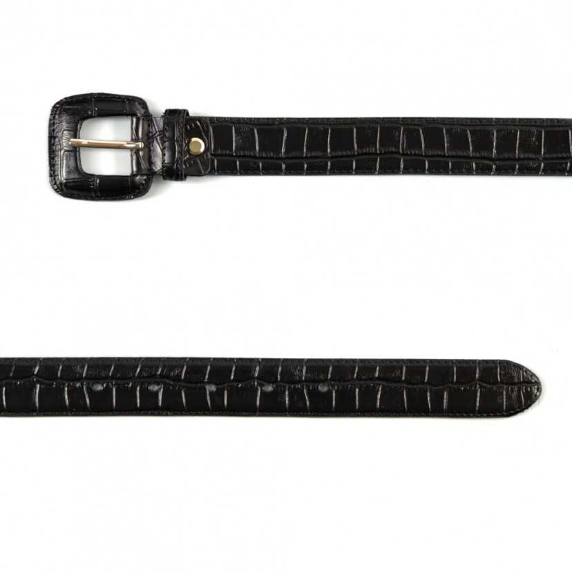 Women's belt with covered buckle and crocodile print in black, shown from the front on a white background - MONPIEL