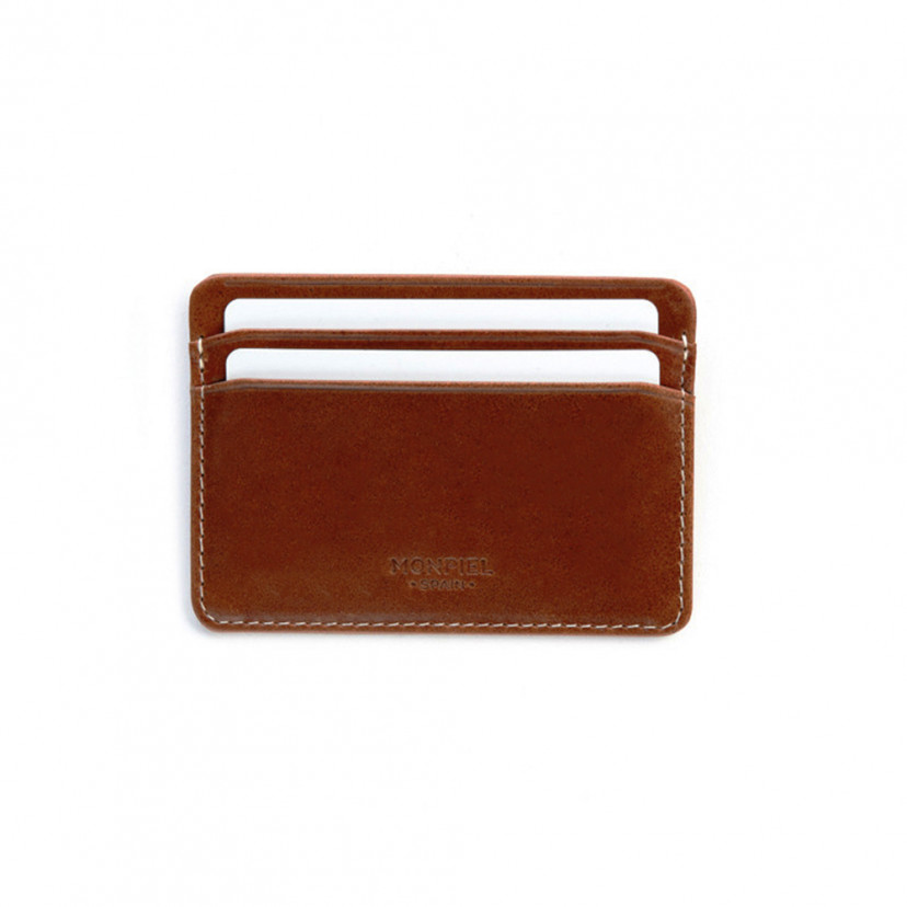 Mini leather cardholder in Havana, shown from the front on a white background - MONPIEL