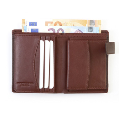 Cartera de piel hombre con broche en color negro con vista frontal sobre fondo blanco - MONPIEL 2