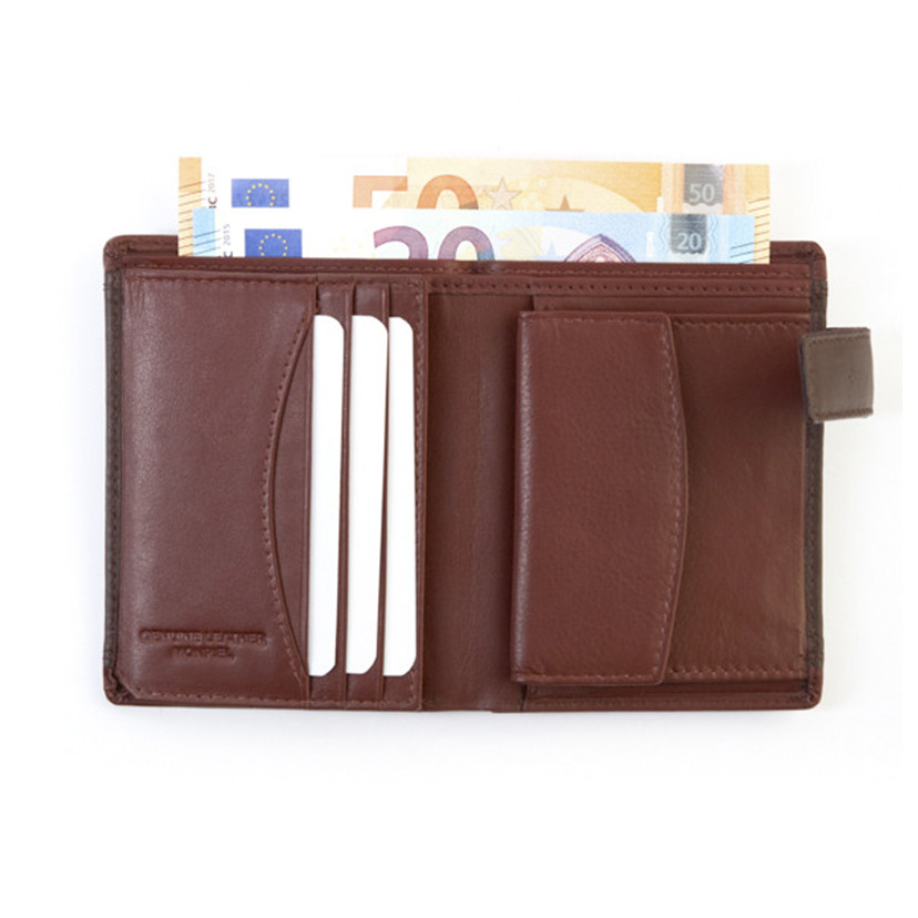 Brown leather men's wallet with clasp, open with card slots, bill section, and coin purse details on a white backgroun - MONPIEL