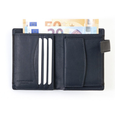 Cartera de piel hombre con broche en color negro con vista frontal sobre fondo blanco - MONPIEL 2