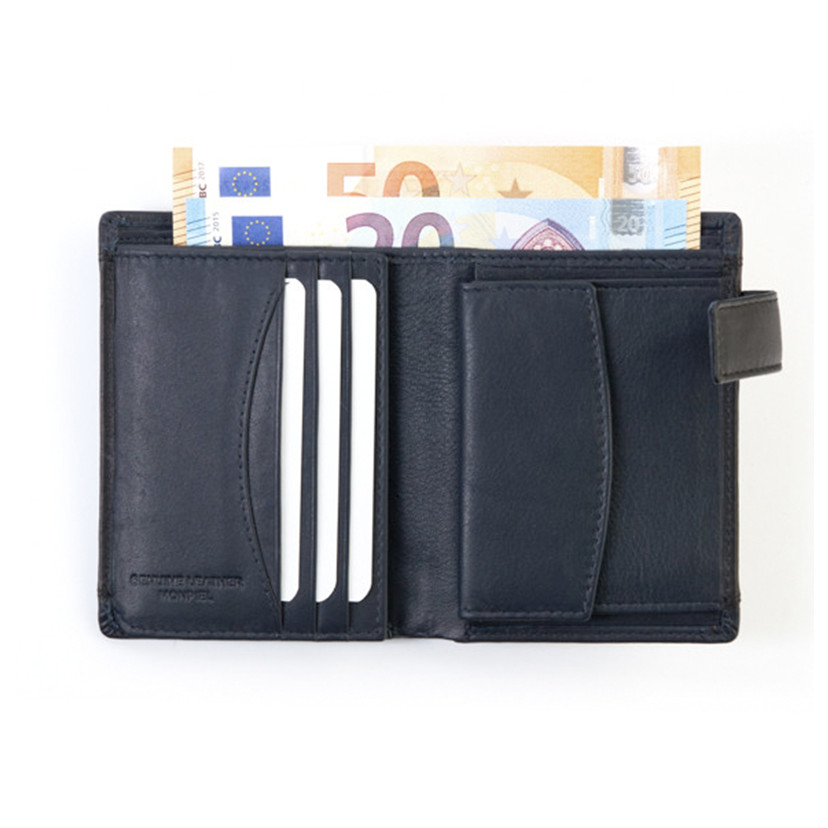 Black leather men's wallet with clasp, open with card slots, bill section, and coin purse details on a white backgroun - MONPIEL