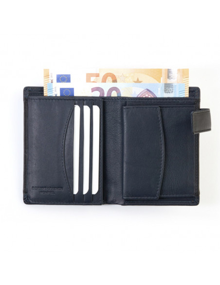 Cartera de piel hombre con broche en color negro abierta con detalle ranuras, billetes y monedero sobre fondo blanco - MONPIEL