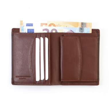 Brown leather wallet with coin pocket Lago, front view, on a white background - MONPIEL 2