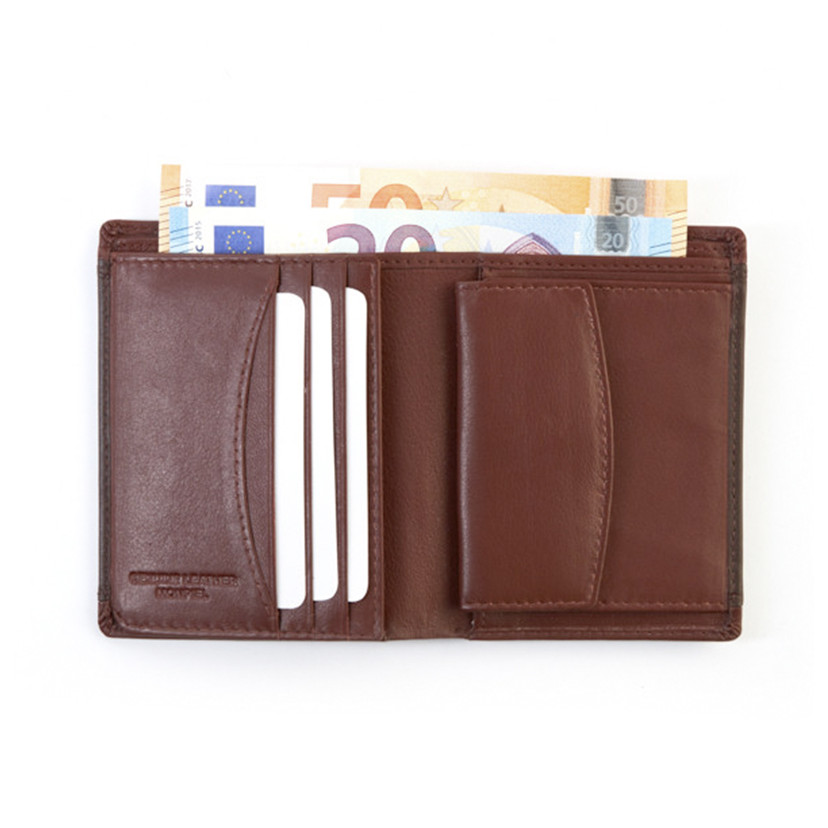 Large leather wallet with coin purse in brown, open on a white background - MONPIEL
