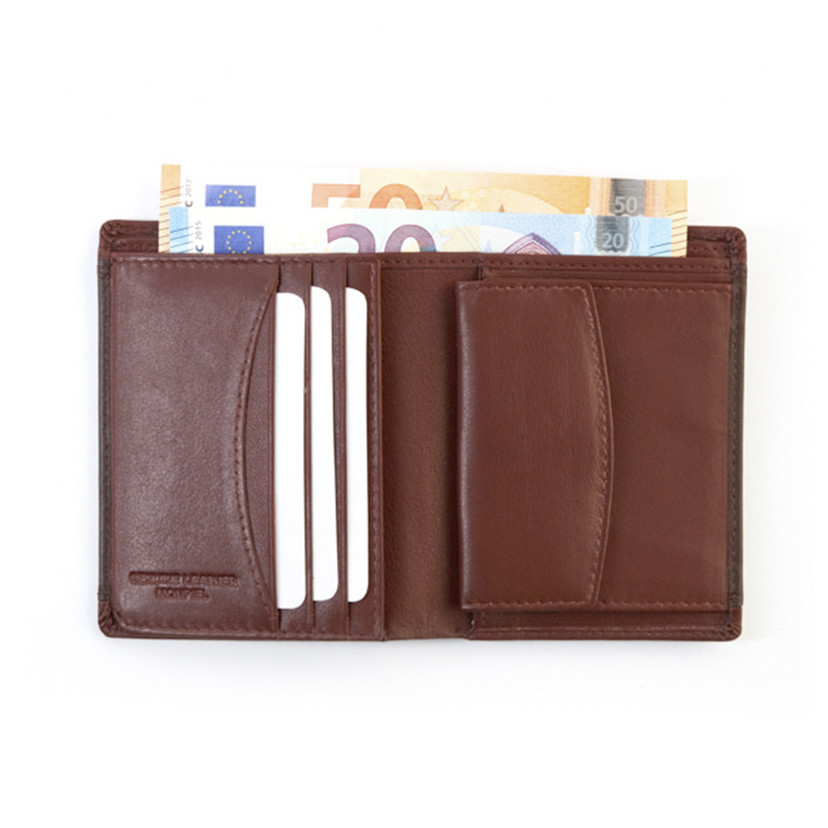 Men's leather wallet with brown interior coin purse.