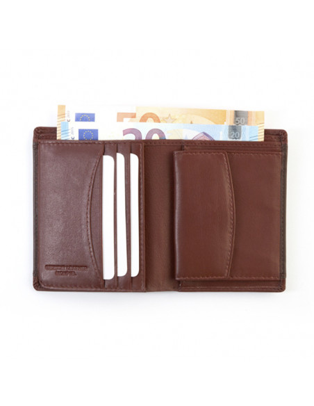 Leather wallet with coin pocket in brown, open on a white background - MONPIEL
