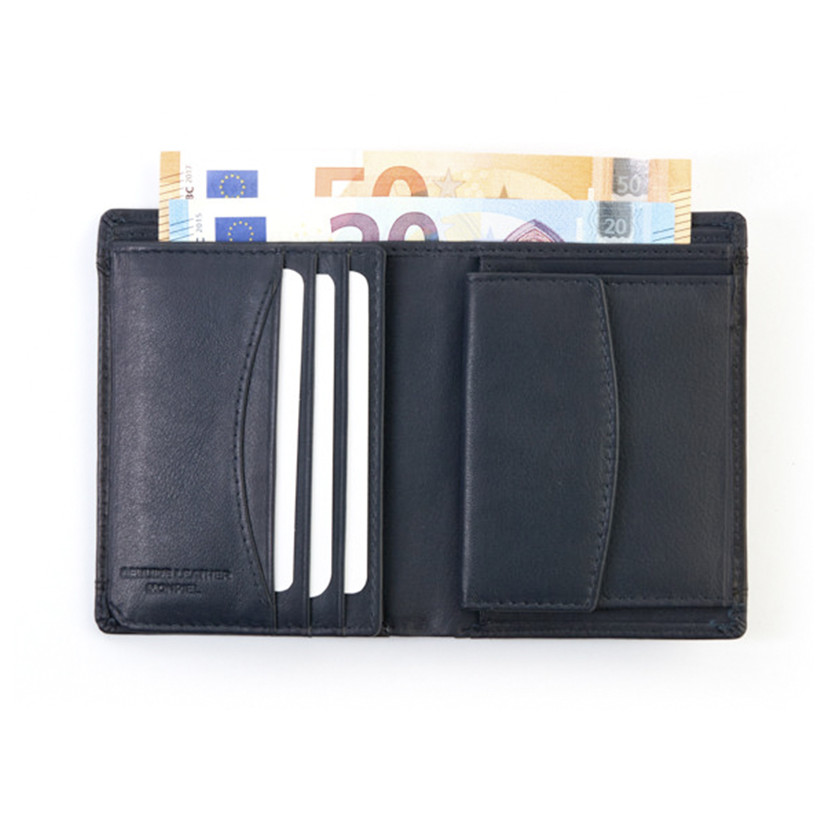 Large leather wallet with coin purse in black, open on a white background - MONPIEL
