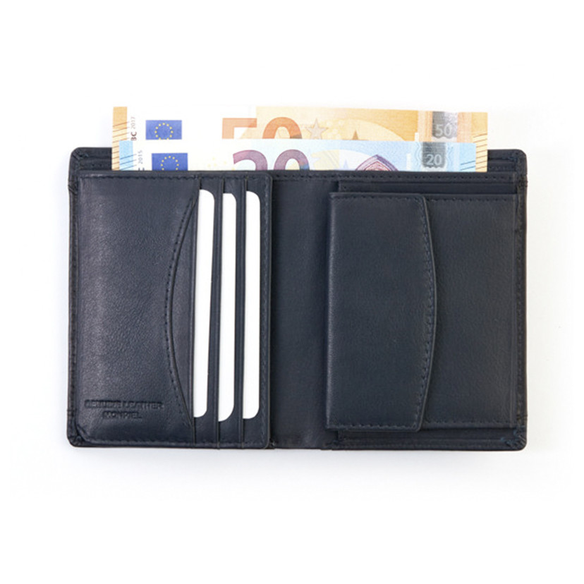 Men's leather wallet with black interior coin purse.